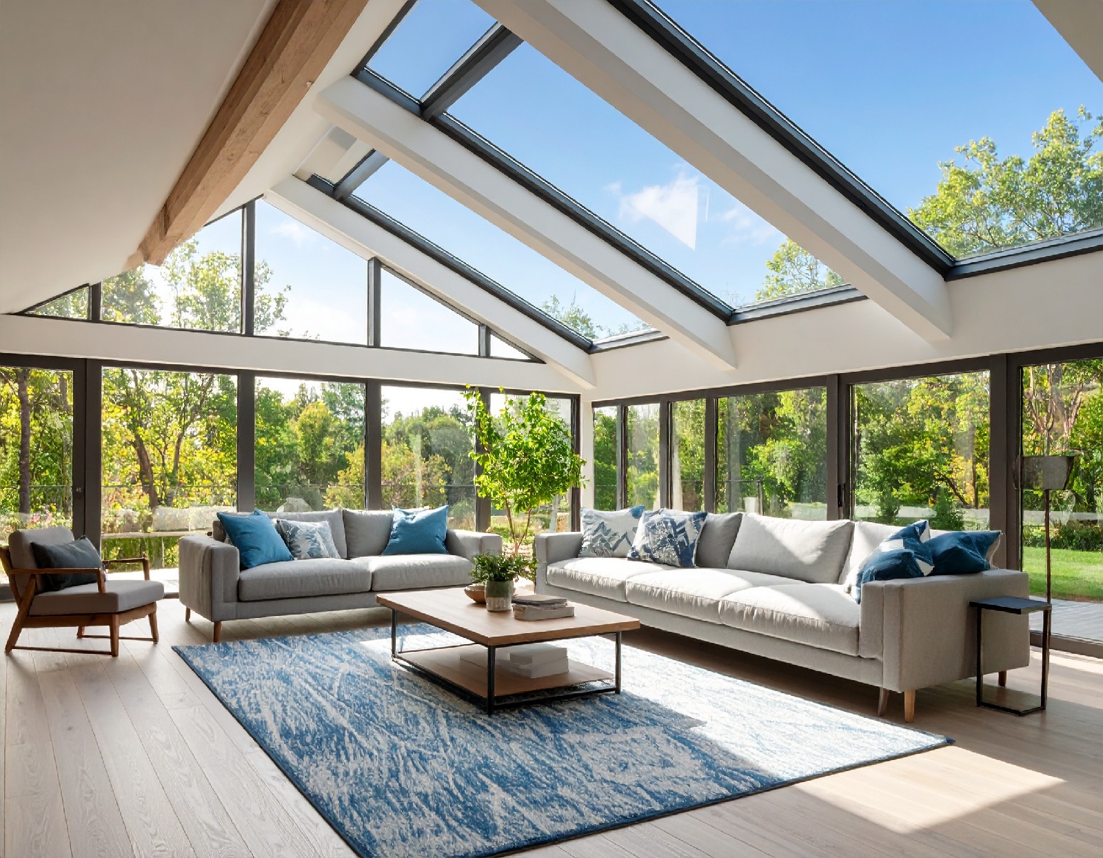 Living room bright with skylights and large windows